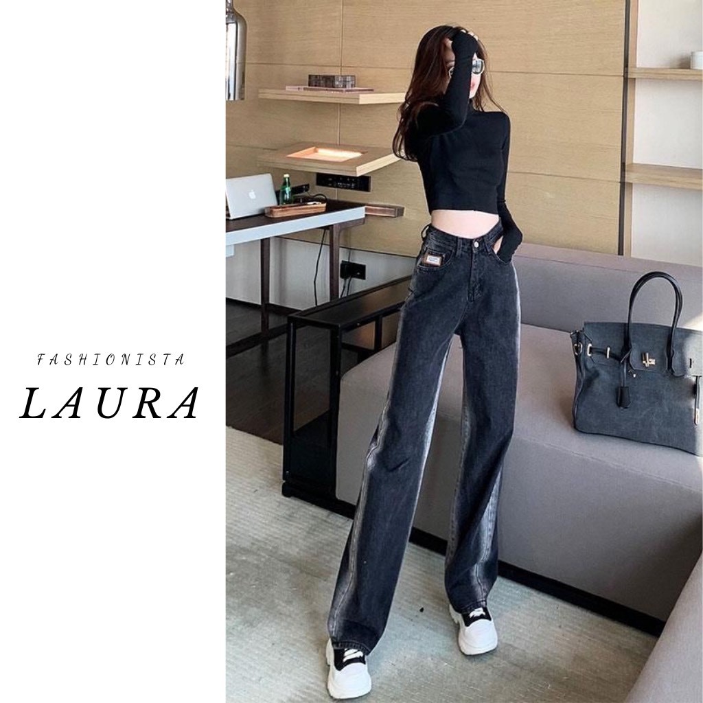 Quần jeans loang sọc bên Laura Boutique chất lừ - Quần bò ống rộng siêu hack chân đến từ nhà Laura CÓ ẢNH THẬT