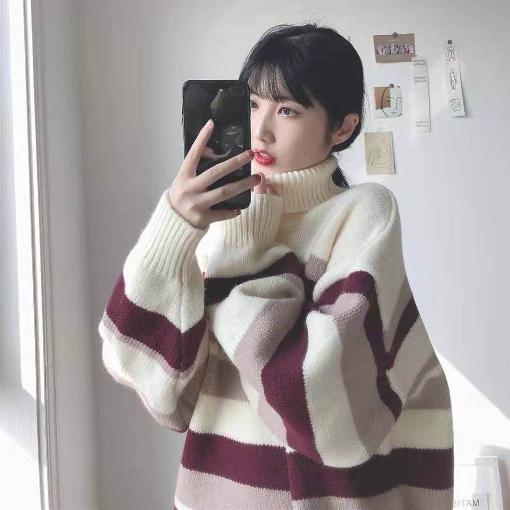 🌸Áo Dệt Kim Dài Trung Bình Dễ Phối Đồ🌸Áo Sweater Cổ Lọ Dáng Rộng Họa Tiết Kẻ Sọc Phong Cách Hàn Quốc Thời Trang Thu Đông Xinh Xắn Cho Nữ