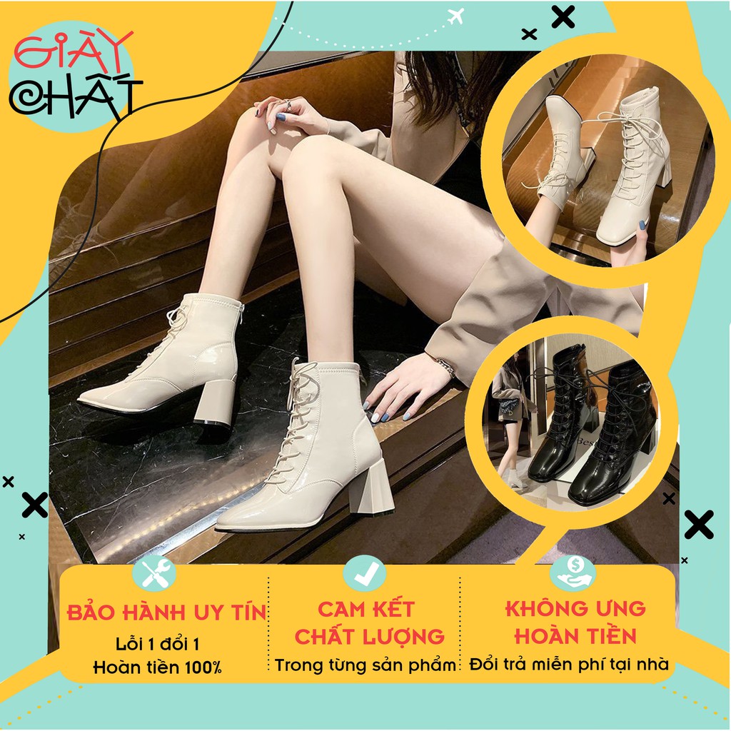 Giày bốt nữ cổ cao gót vuông, Bốt nữ cao cổ da bóng cao 7cm có dây buộc