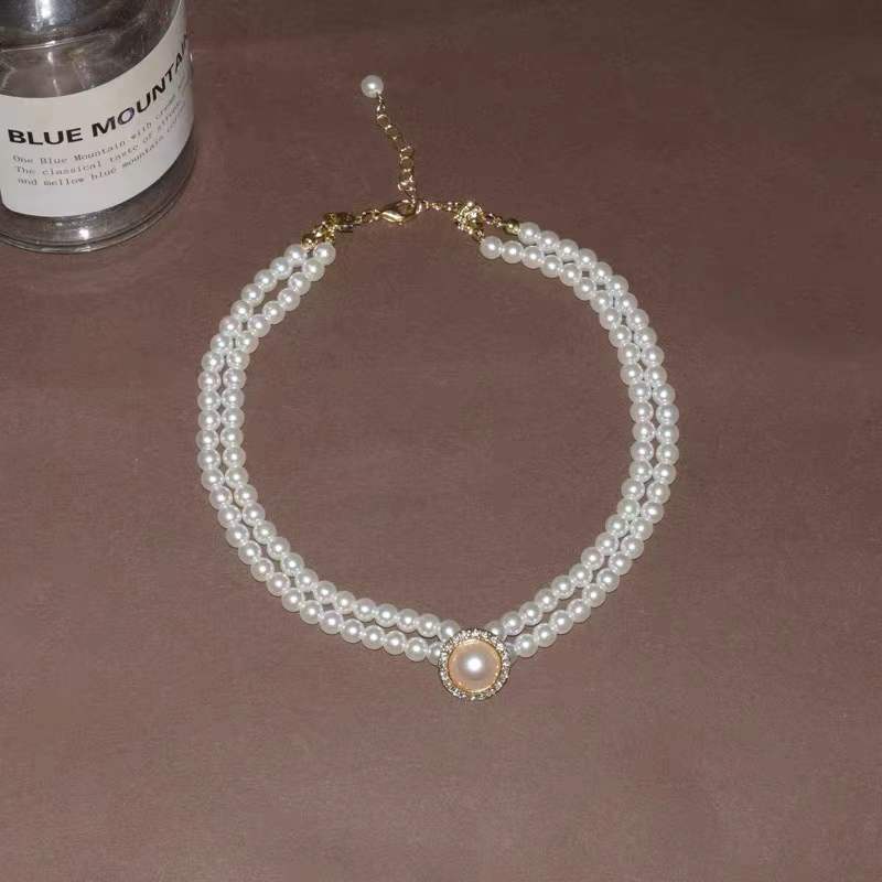 Vòng Cổ Hai Lớp Đính Hạt Ngọc Trai Đơn Giản Phong Cách Vintage Mới