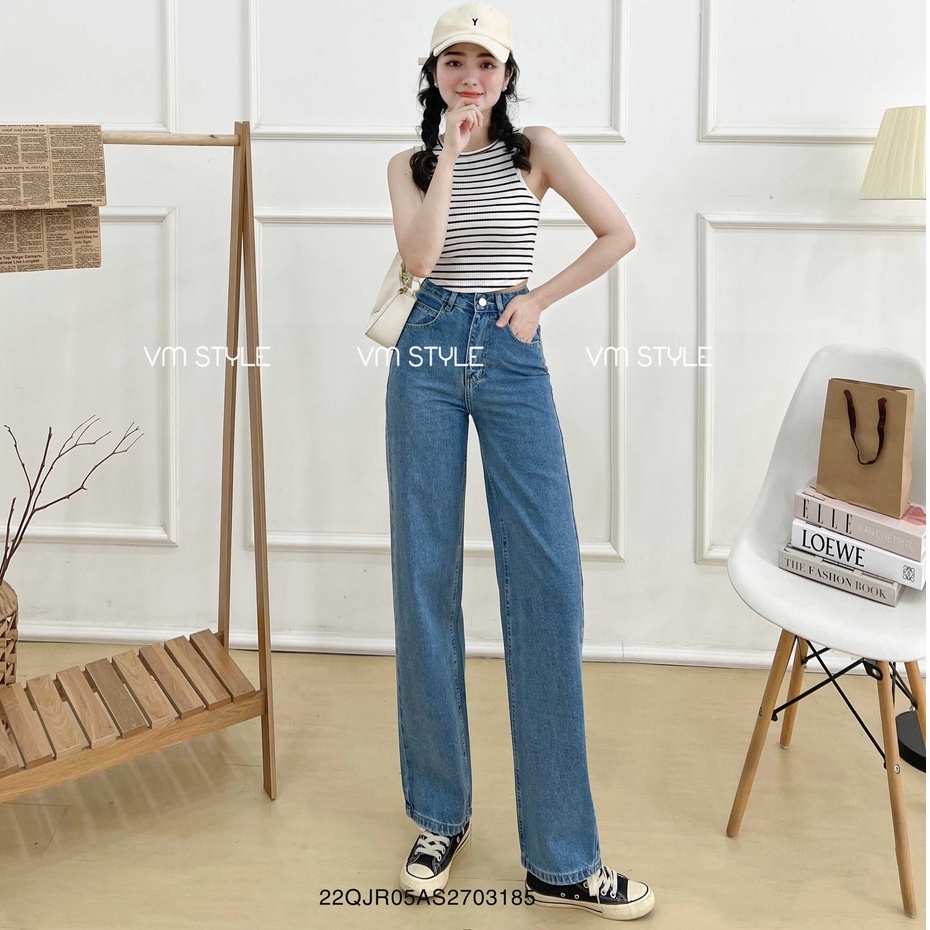 Quần jean nữ ống rộng VM Shop cạp cao form đứng trơn lai thường N110 - Đ111 QJR00101