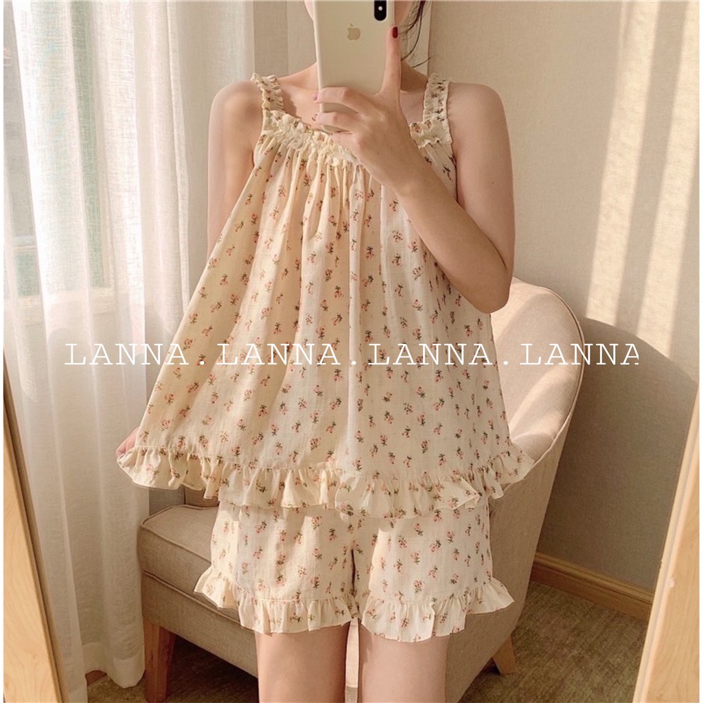 [Ảnh thật] Set 2 dây hoa nhí ngực bèo kèm quần  vải xốp đũi mặc ở nhà