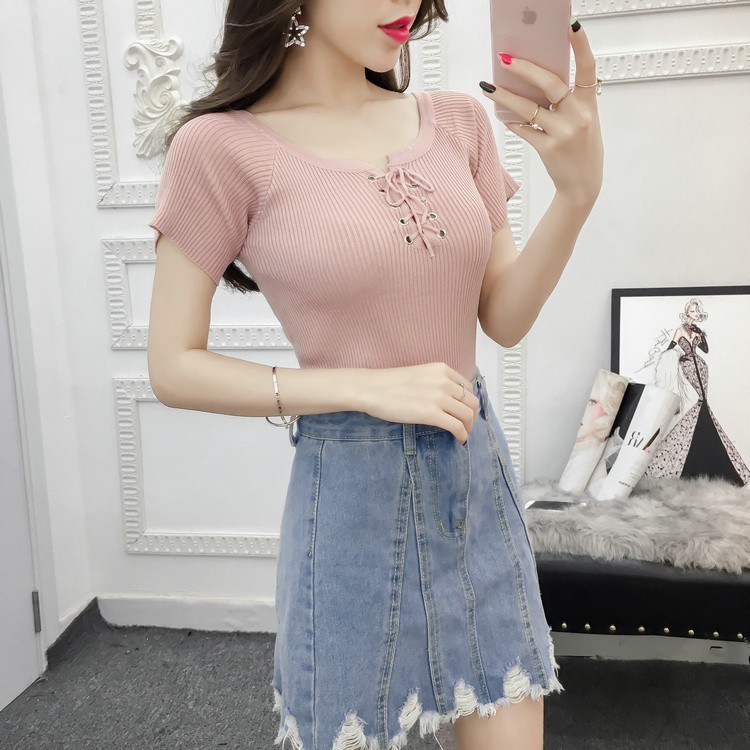 【NEW】Women Blouse Knitted T-Shirt Cross Tie Tshirt Blouse | BigBuy360 - bigbuy360.vn