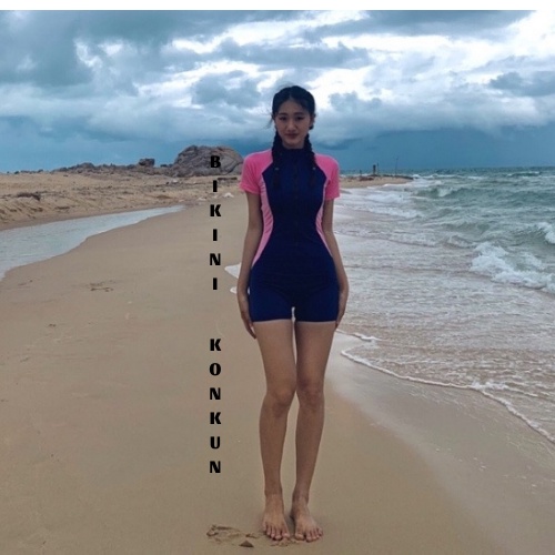 Bikini đồ bơi liền thân khóa kéo tay ngắn xanh đen phối hồng cao cấp KONKUN MS95