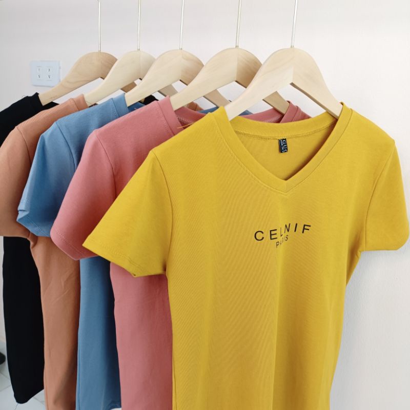 Áo thun cộc tay nữ cổ tim in 1 dòng chữ CELNIF chất cotton thái co giãn dáng ôm body AT17 - phamtrangredep shop