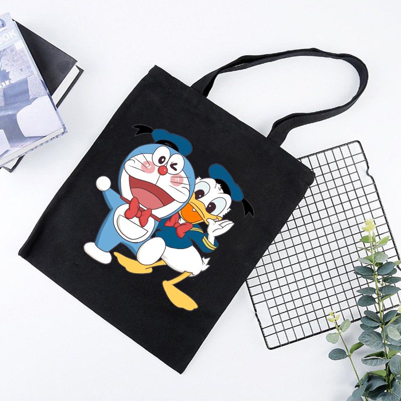 Túi tote vải đen đeo vai DORAEMON CUTE MÈO MÁY THÔNG MINH phong cách in hình anime chibi dễ thương thời trang