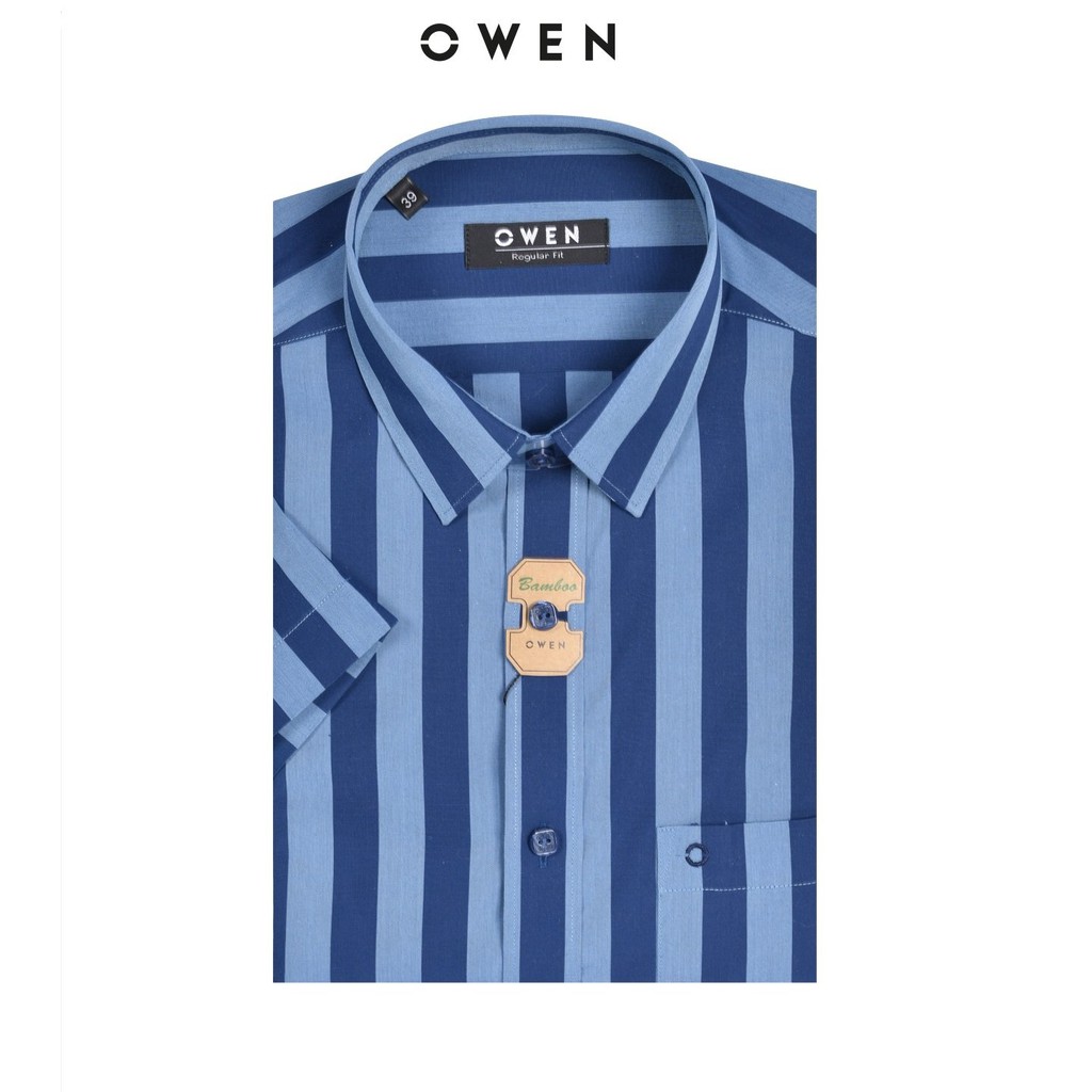 OWEN - Áo sơ mi ngắn tay Owen Regular fit chất sợi tre kẻ sọc xanh 22663 | BigBuy360 - bigbuy360.vn