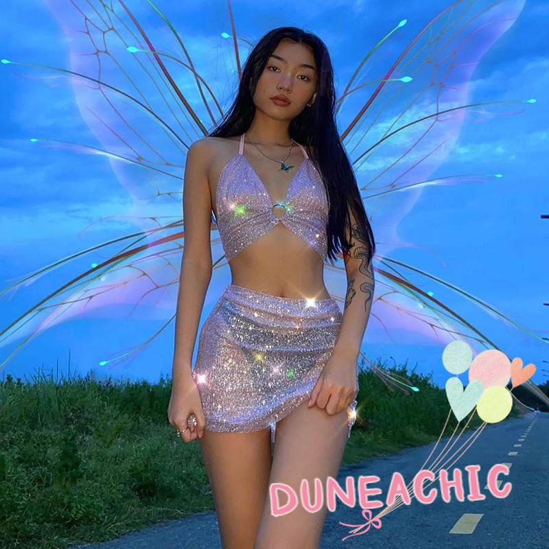 DUNEA Set Áo Tank Top 2 Dây + Chân Váy Xẻ Tà Đính Kim Tuyến Lấp Lánh Thời Trang Quyến Rũ Cho Nữ