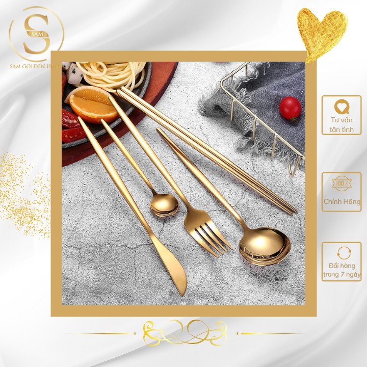 Bộ Muỗng Nĩa Đũa Vàng Gold Inox 304 Sang Trọng Cao Cấp Không Gỉ Basic Golden Cutlery