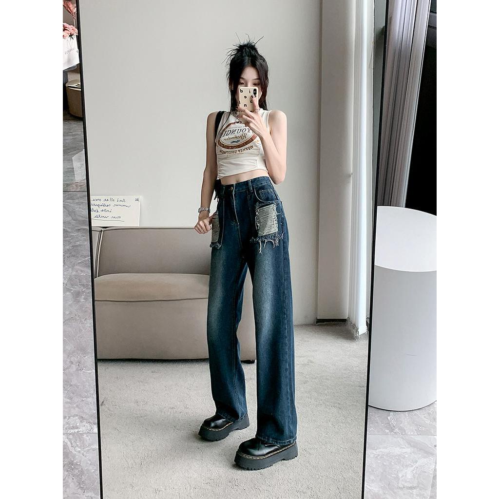 Quần jeans Nữ Lưng Cao Rách Gối Cá Tính