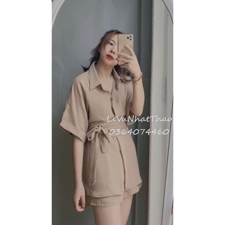 SET ÁO SƠMI NÂU CỘT EO QUẦN SHORT