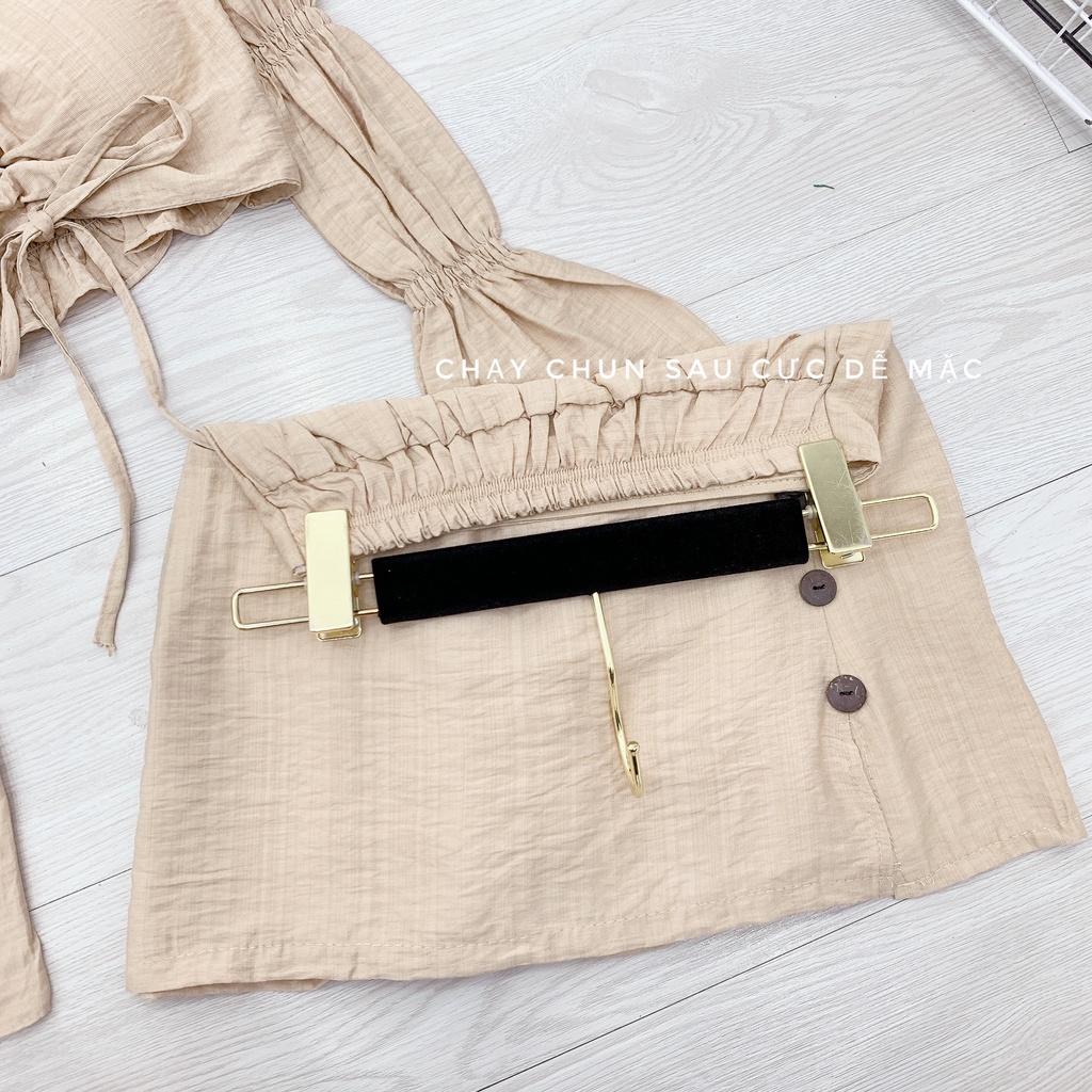 Set croptop nhún tay chân váy ngắn xẻ tà chữ a NN734