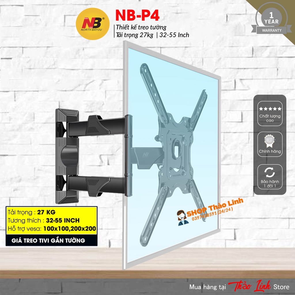 Giá treo, Khung treo tivi xoay đa năng North Bayou NB-P4 từ 32 đến 55 inch - Tải trọng tối đa 27Kg - Xoay mọi góc độ