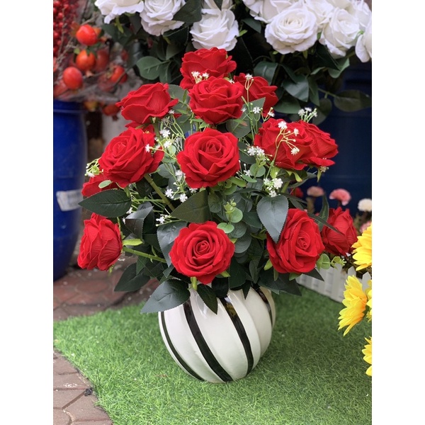 Bình Hoa hồng giả,hoa lụa chất liệu nhung tươi tắn giống thật, trang trí nội thất,phòng ngủ,phòng khách,làm quà tặng