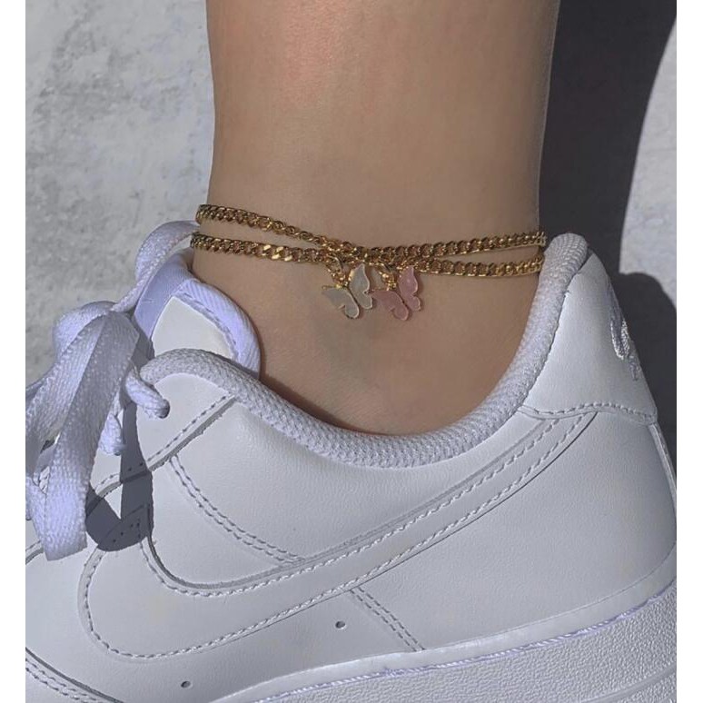 Bộ 2 vòng lắc chân mạ vàng 18K mặt hình bươm bướm phong cách Hàn Quốc dễ thương