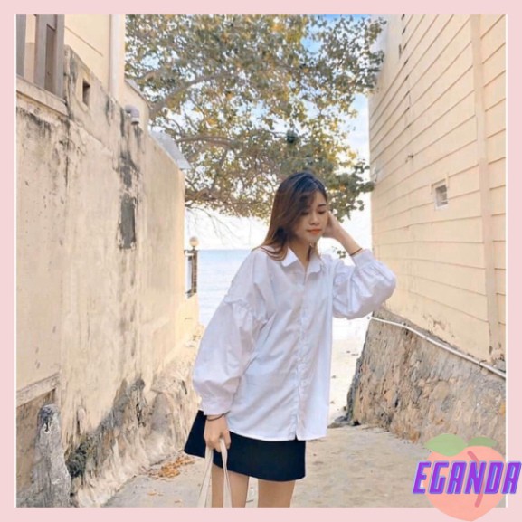 Áo sơ mi nữ trắng dài tay bo chun, Áo sơ mi trắng dài tay nữ tay bèo bo chun chất thô lụa mềm dáng rộng siêu xinh-EGD