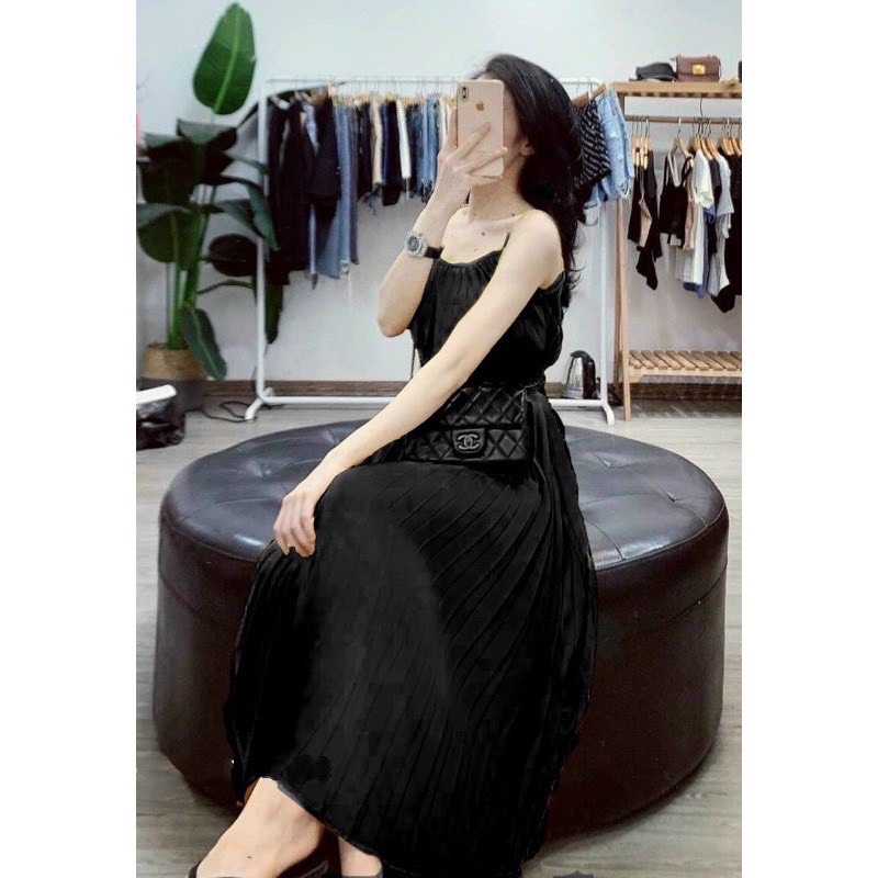 Đầm Xoè Hai Dây Dập Ly Maxi Dài - Bầu Bì Bon Chen Thoải Mái