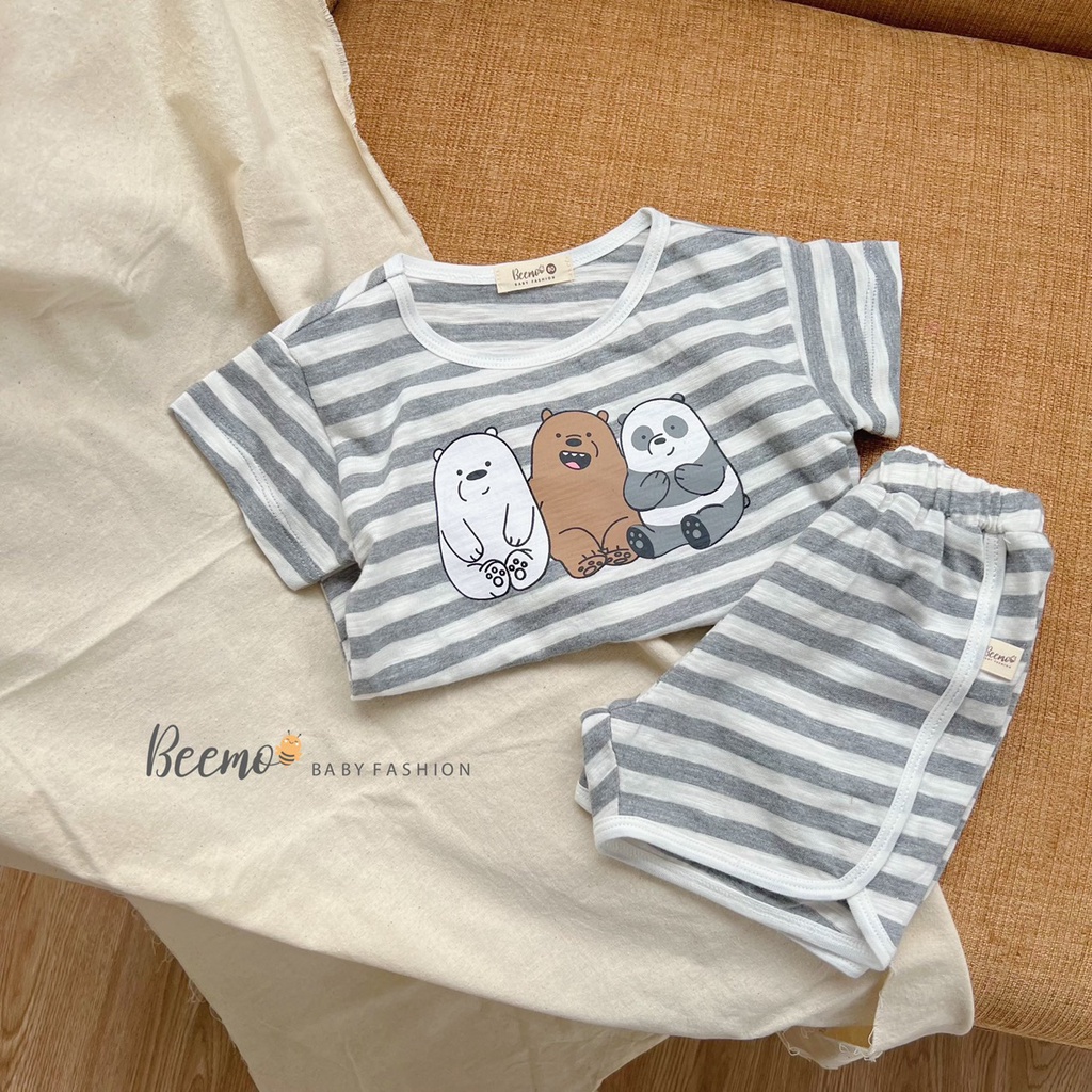 Bộ cotton unisex cho bé hoạ tiết gấu, bộ thun cộc tay mềm mát quần đùi Beemo