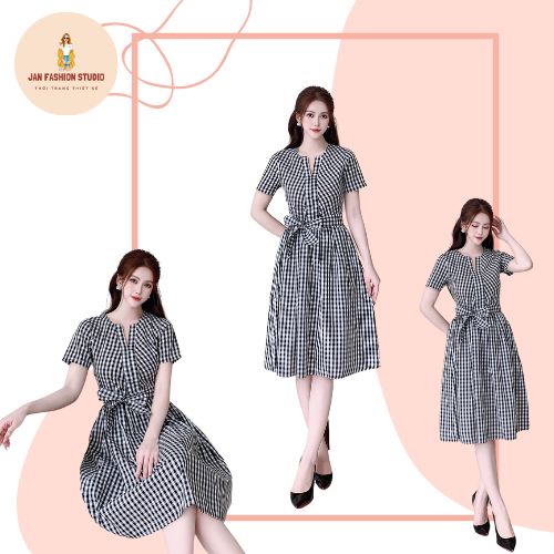 Váy kẻ caro đen - trắng form xuông kèm thắt eo trẻ trung, thanh lịch