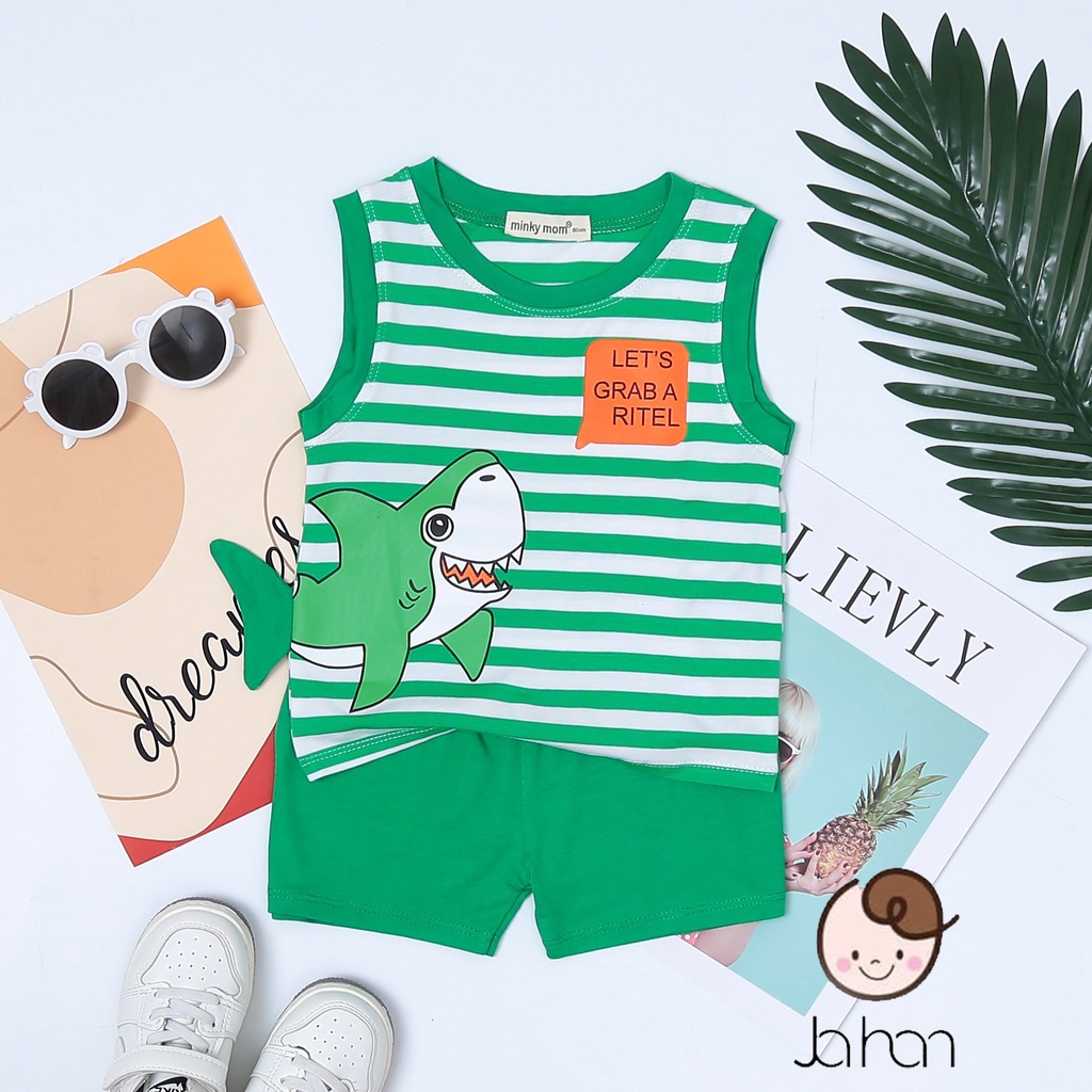 Bộ ba lỗ thun lạnh cao cấp ️in hình cá mập Minky Mom nhiều màu dành cho bé trai, bé gái