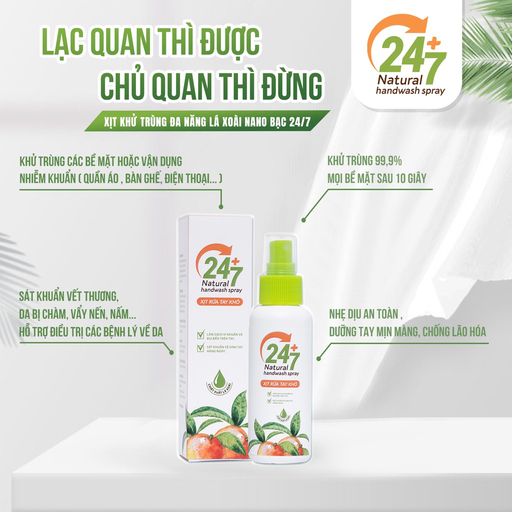 Xịt Rửa Tay Khô Khử Khuẩn Đa Năng Lá Xoài - Nano Bạc True Natural 24/7