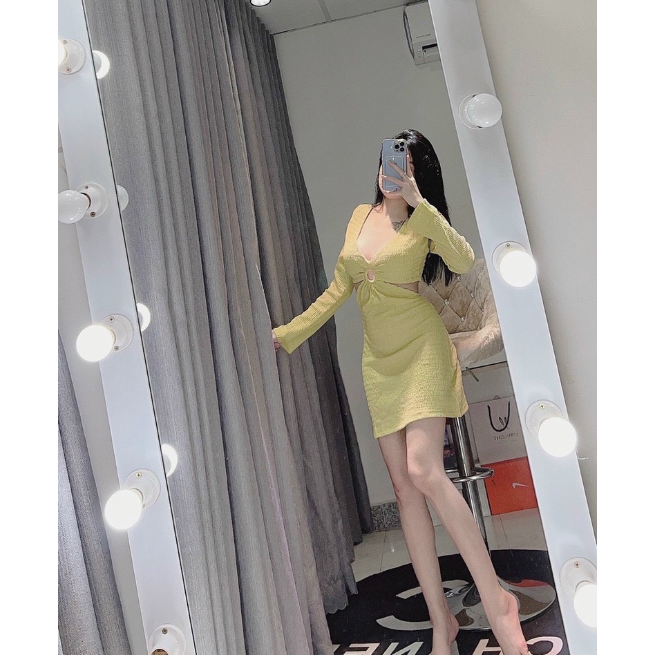 Đầm cố V chất thun xốp loại đẹp tay dài khoét eo khoen ngực sexy