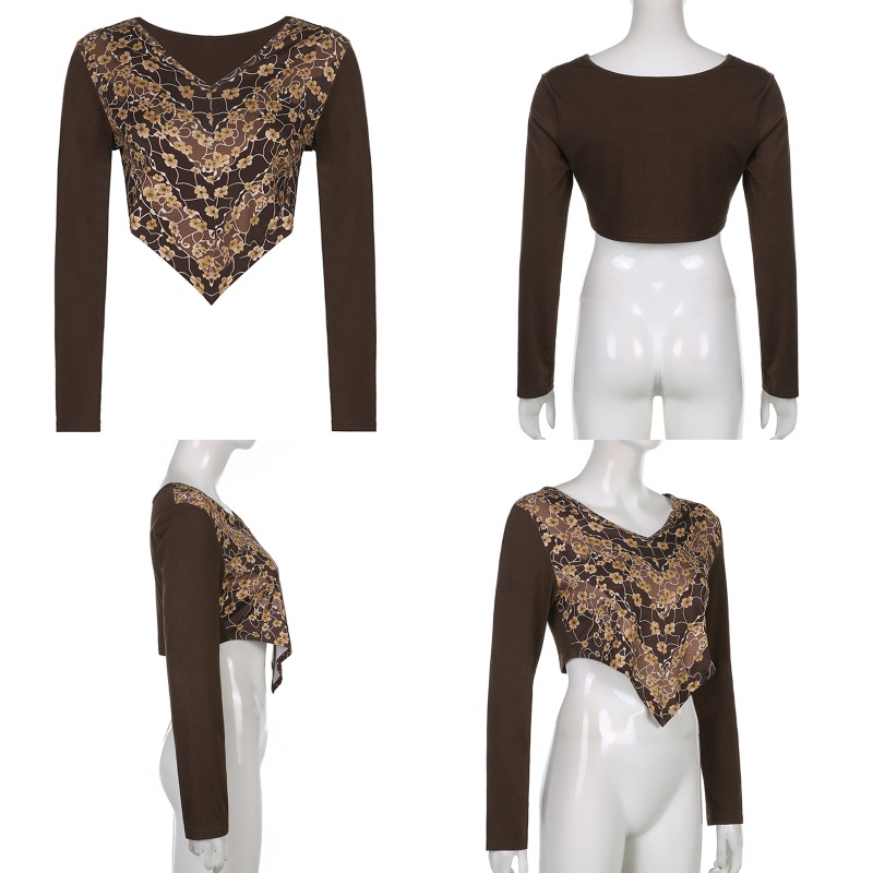 Áo Crop Top Nữ Tay Dài In Hoa Cổ Chữ V Gợi Cảm