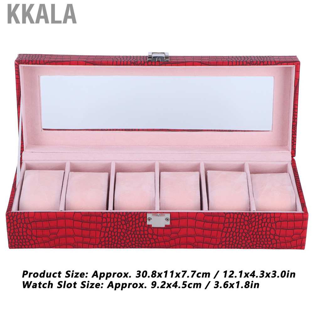 Kkala 6 Slot Watch Box PU Leather Rectangular Wristwatch Display Case Storage Organizer Wine Red