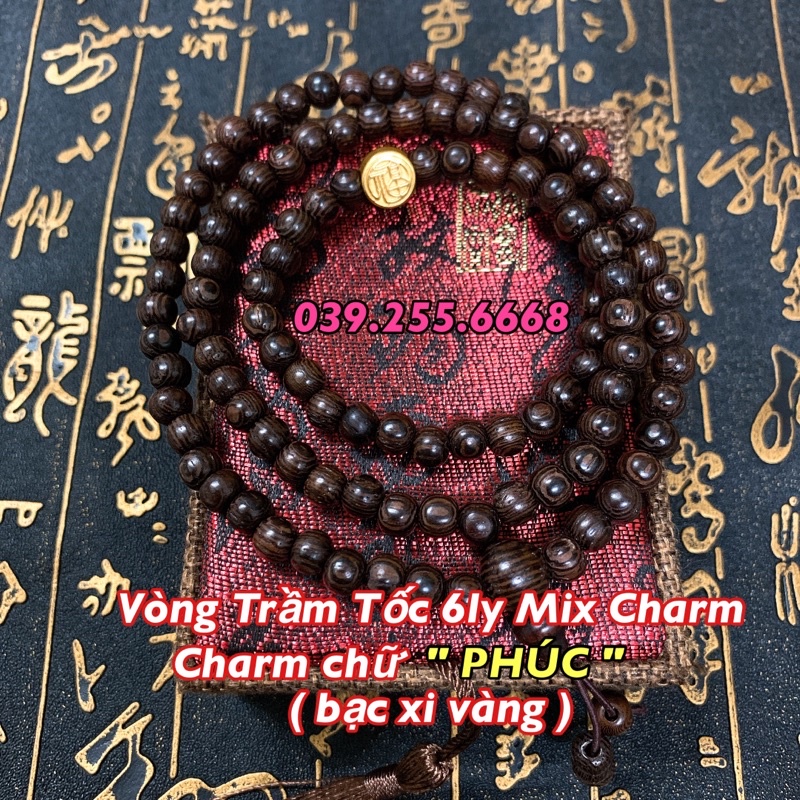 Vòng Tay Trầm Hương 108 Hạt mix Charm chữ &quot; Phúc&quot; Bạc xi Vàng cao cấp tặng kèm Hộp Gấm