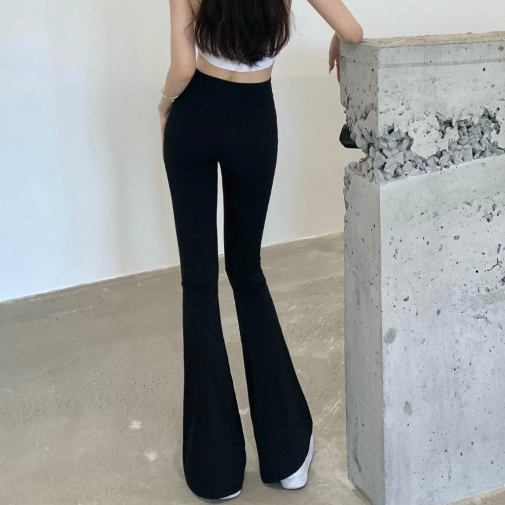 Quần ống loe nữ lưng cao vải thun cotton co dãn form chuẩn hack dáng, Quần legging nữ ống loe màu đen Geleva LEG429
