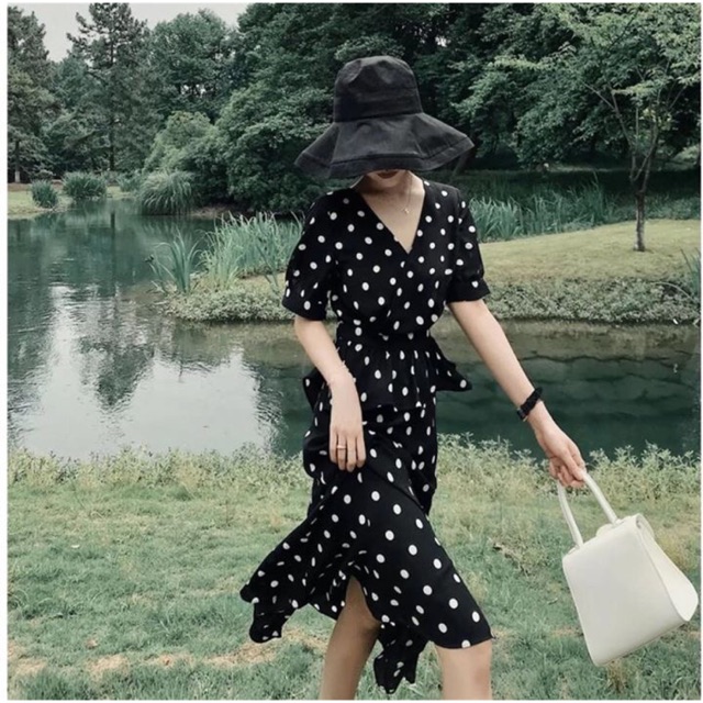 Set áo peplum - chân váy chấm bi retro - Hàng dư