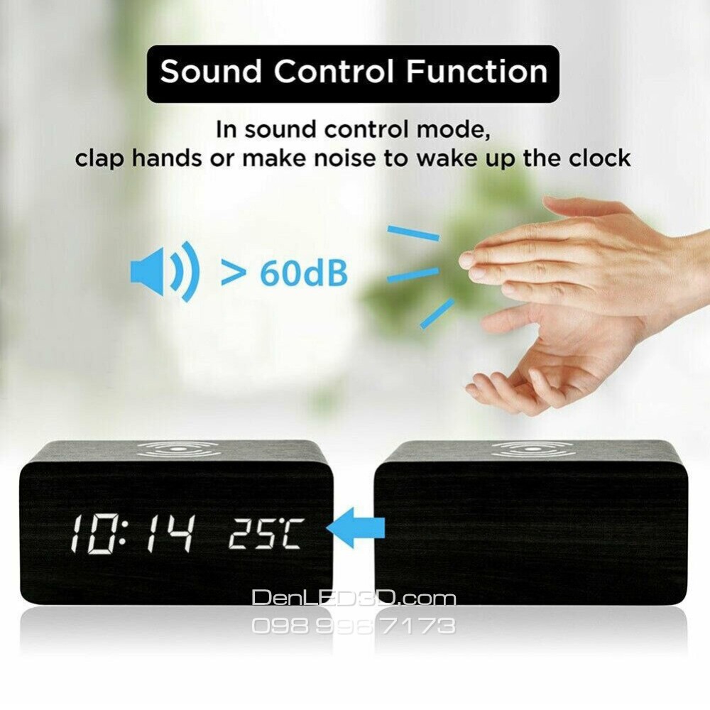 Đồng Hồ LED Để Bàn Giả Gỗ Có Sạc Không Dây Qi