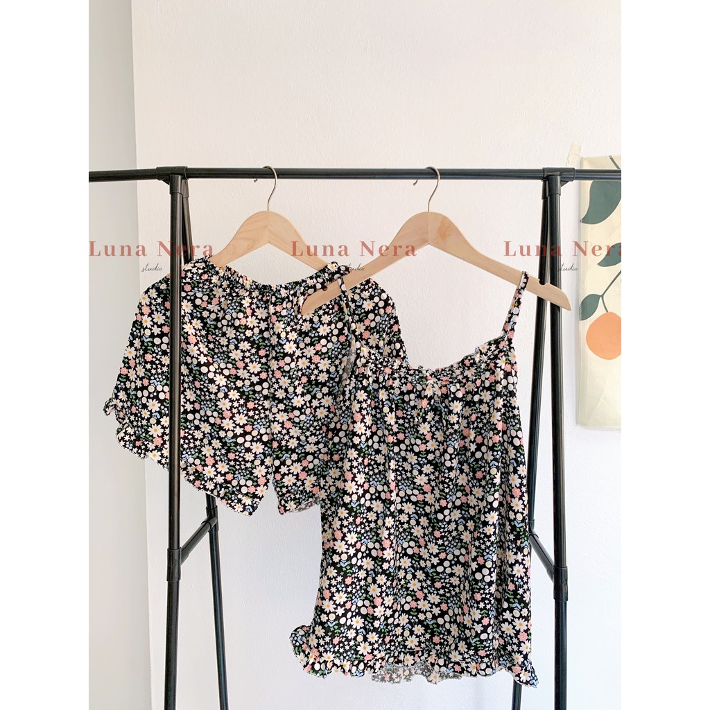 [TẶNG GƯƠNG CẦM TAY] Set đồ ngủ 2 dây hoa nhí viền bèo áo nhún ngực | Ảnh thật 100% ♡ | BigBuy360 - bigbuy360.vn