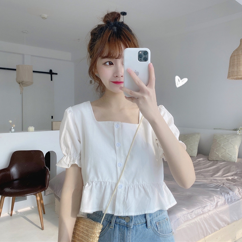 Áo croptop nữ tay ngắn, áo croptop cổ vuông tay phồng màu trắng điệu đà thời trang | BigBuy360 - bigbuy360.vn