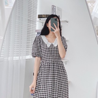 Váy babydoll kẻ cổ ren