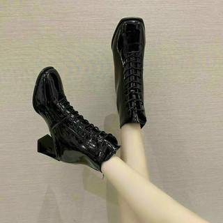 Bốt buộc dây da bóng cổ thấp trời trang