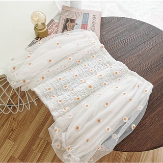 Áo croptop nhún ngực tay phồng thêu hoa cúc siêu đẹp