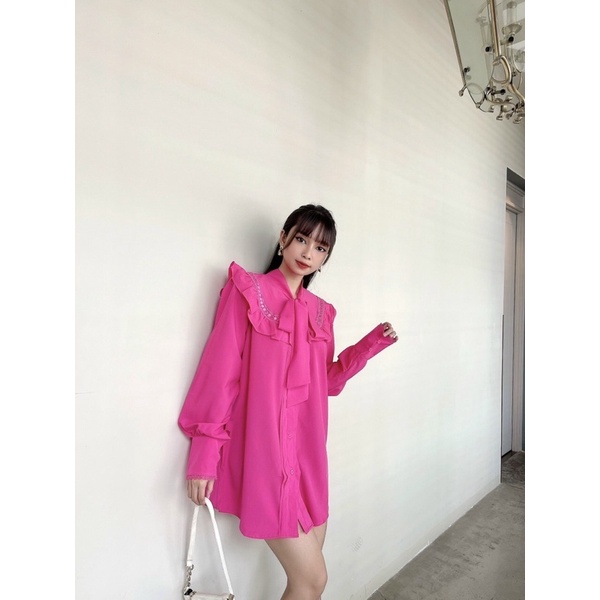 G7 - đầm sơ mi cổ nơ bèo, màu Hồng sen
