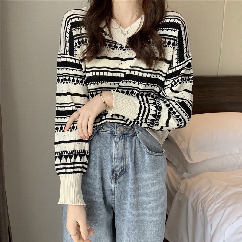Áo sweater ZHELIHANGFEI tay dài dáng rộng cổ chữ V họa tiết kẻ sọc trẻ trung