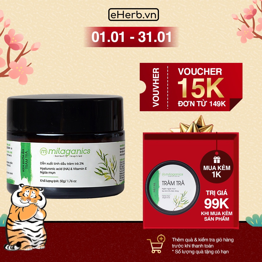 Kem Dưỡng Ẩm Cho Da Mụn Tràm Trà Tea Tree Khóa Ẩm, Tránh Mất Nước MILAGANICS 50gr (Hũ)