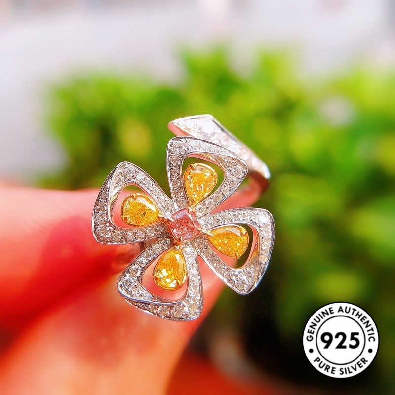 Nhẫn mạ bạc S925 hình cỏ bốn lá đính đá thời trang thanh lịch