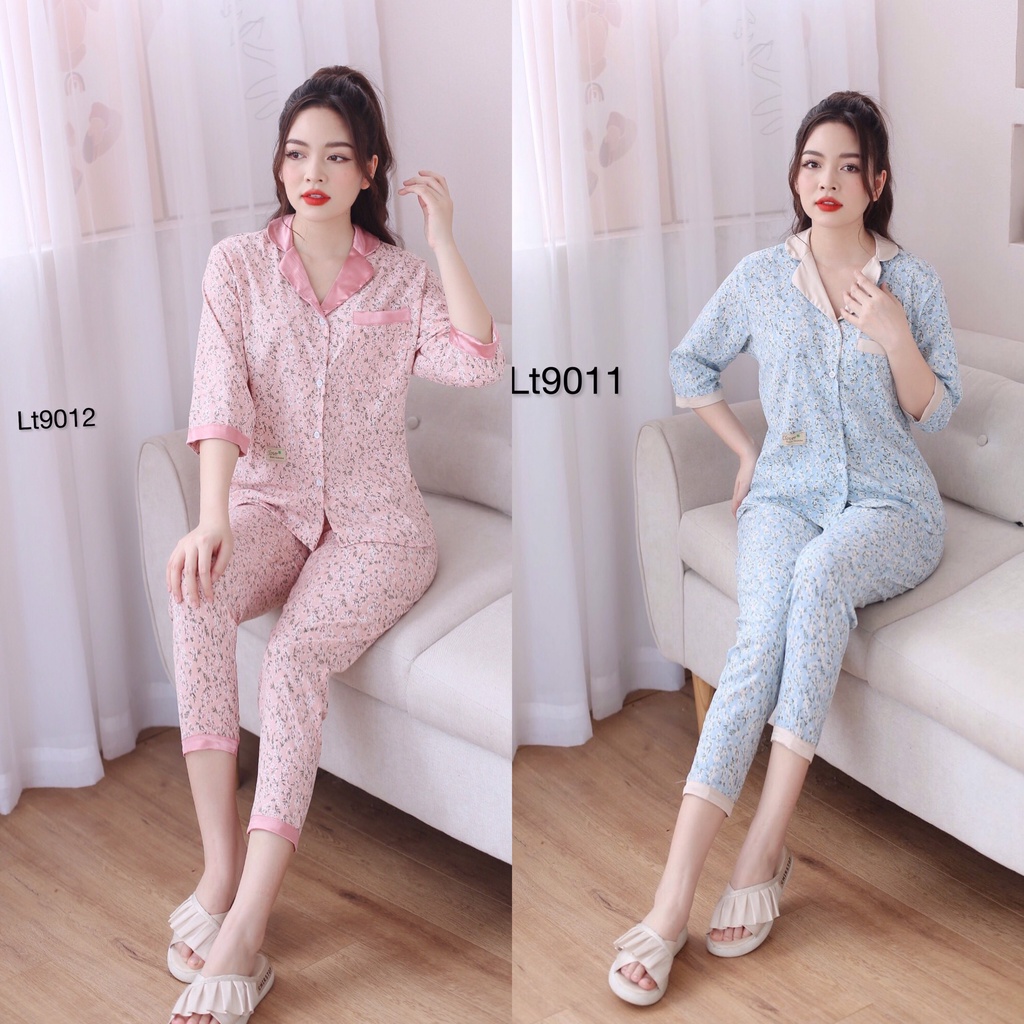 Bộ đồ mặc ở nhà, Quần áo sau sinh, Đồ bộ Pizama tay lỡ hoa nhí màu hồng xanh đẹp
