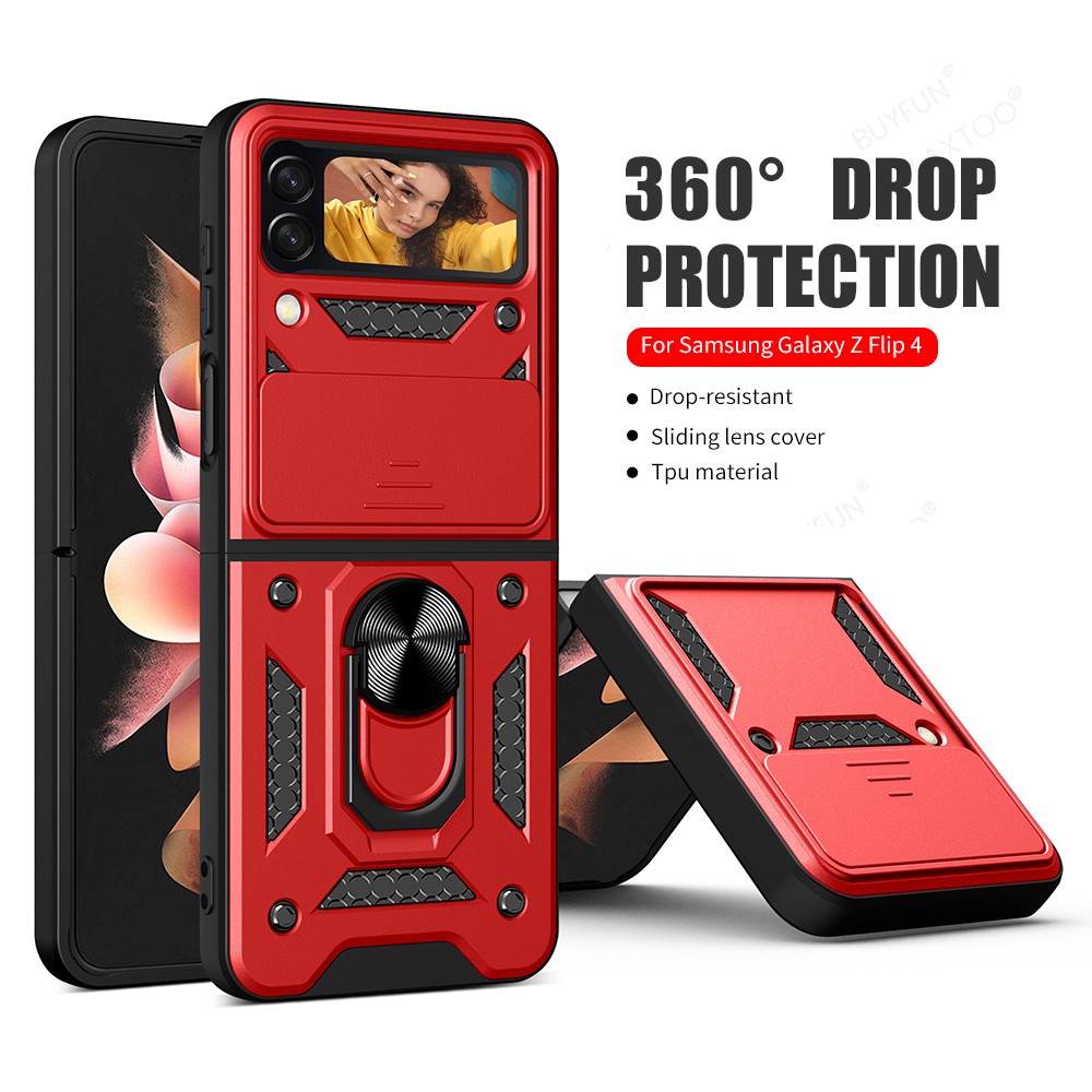 Push Camera Protect Armor Case For Samsung Galaxy Z Flip 4 ZFlip 4 ZFlip4 Z Flip4 5G Car Magnetic Holder Stand Hard Cover Fundas