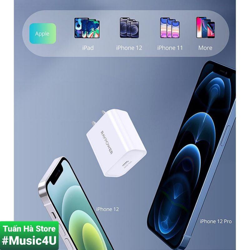 Bộ sạc nhanh RavPower 20W và cáp RP-CB054 cho IPhone 12, IPhone 12 Pro, IPhone 12 Pro Max [Music4U]