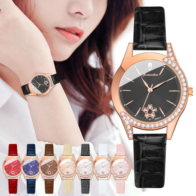 Đồng Hồ Dây Da Mặt Phối Họa Tiết Hoa Đính Đá Sang Trọng Thời Trang Cho Nữ