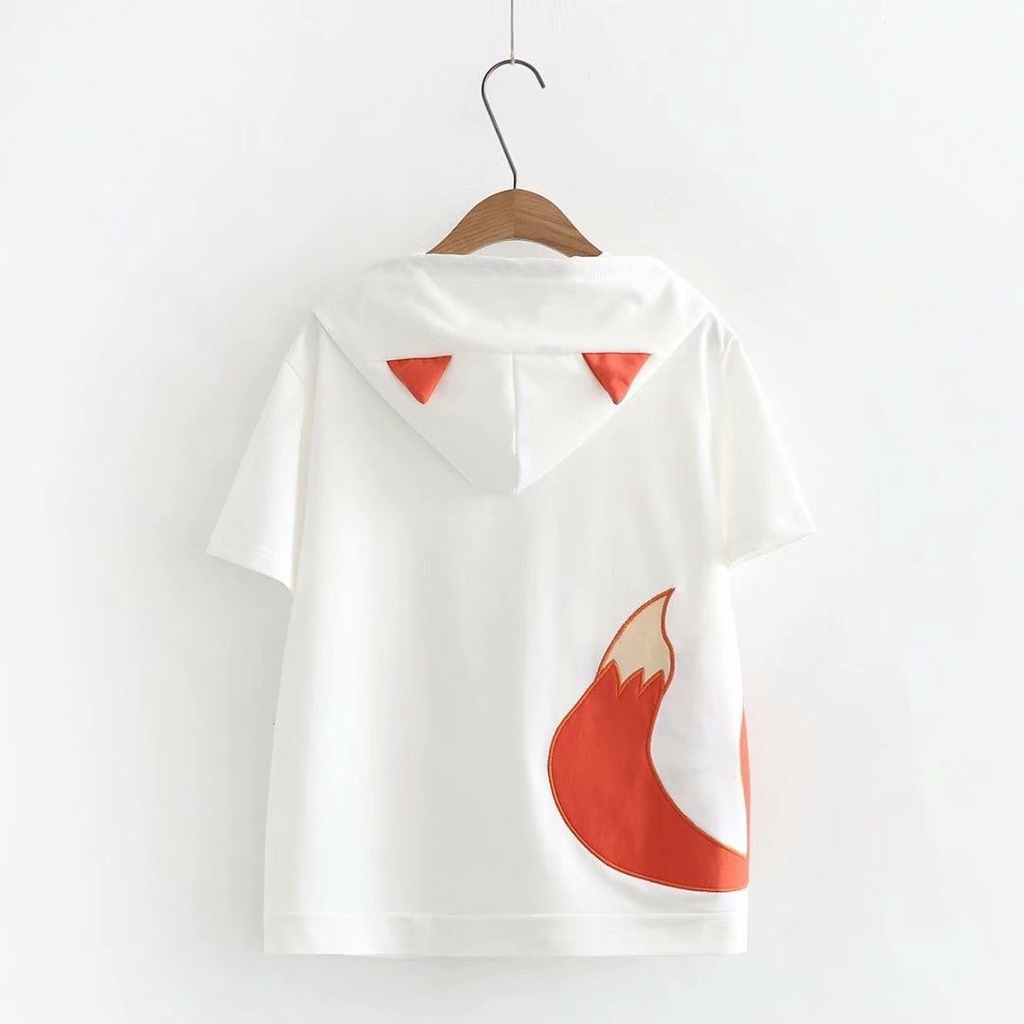 Áo Hoodie Ngắn Tay Thêu Hình Cáo Phong Cách Harajuku Nhật Bản Cá Tính