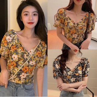 Yeswomen Phiên Bản Hàn Quốc Cổ Chữ V Tay Phồng Áo Sơ Mi Hoa Rốn Ngắn Crop Rời Voan Áo Sơ Mi Thời Trang Phù Hợp Với Quần Áo Bé Gái Hàn Quốc Bé Gái Phải Có Bạn Gái Chính Hãng Quần Áo Nữ Hàn Quốc