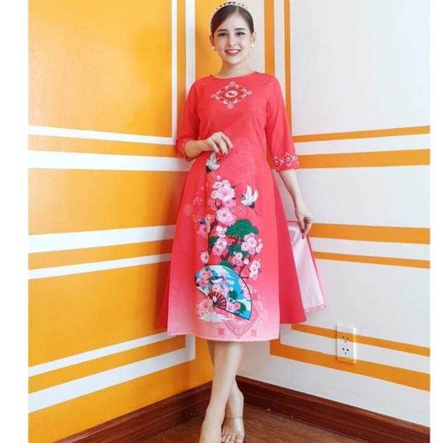 GIẢM GIÁ SẬP SÀN - Chân váy + Áo dài cách tân chất lụa họa tiết in mago cao cấp sang trọng trẻ trung mã 1253