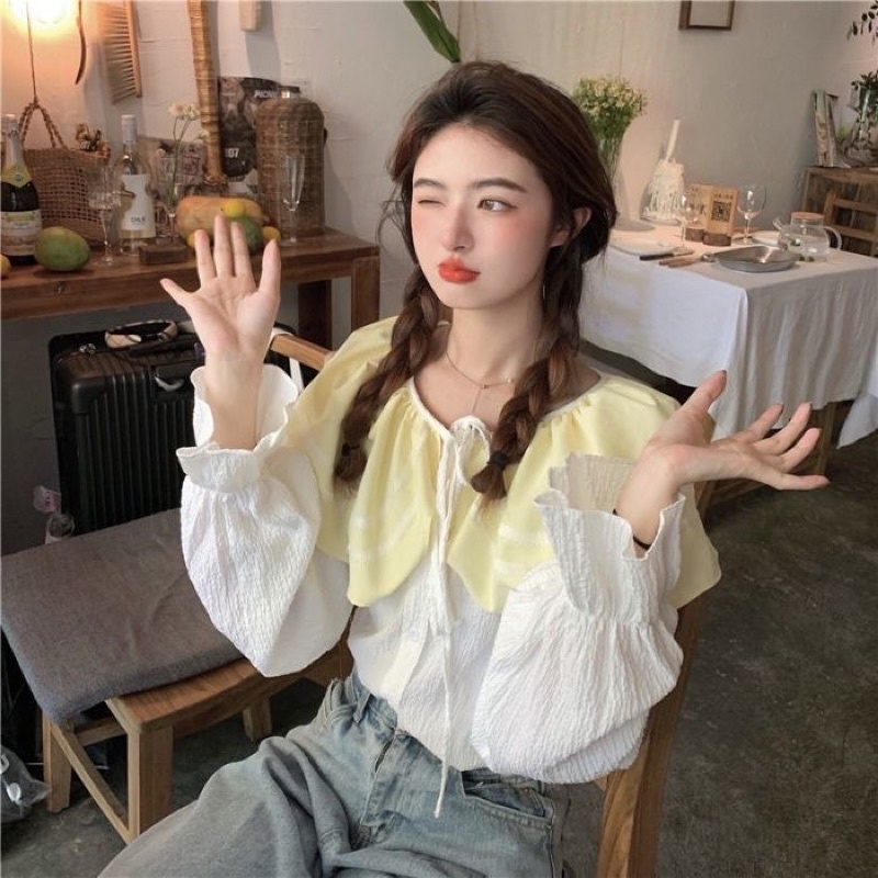 Freeship - Áo sơ mi cổ bánh bèo 2 màu dễ phối đồ | BigBuy360 - bigbuy360.vn