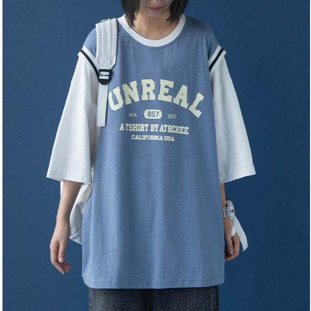 Áo thun dáng rộng tay ngắn giả 2 lớp thời trang cho nữ